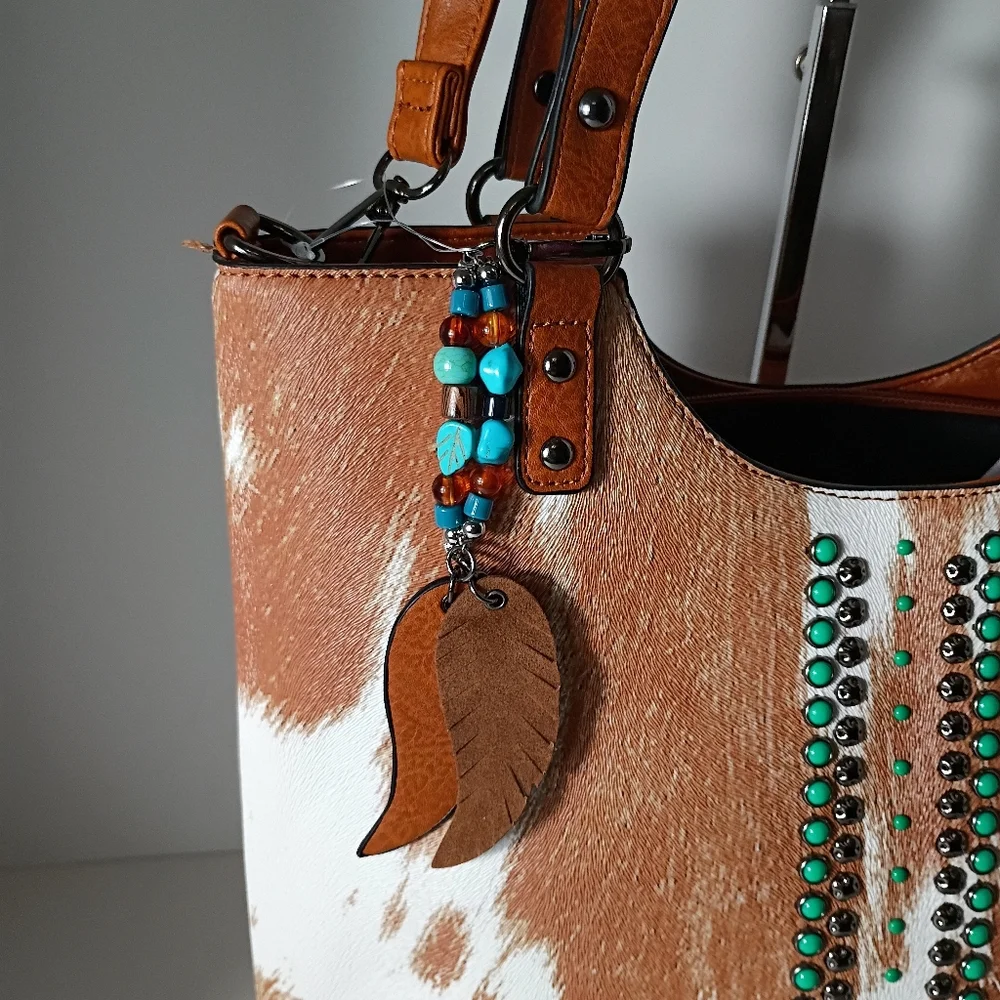 Sam & Hadley Women’s Light Brown & White Cowhide Pattern Tote wTurquoise Accents - Picture 3 of 10